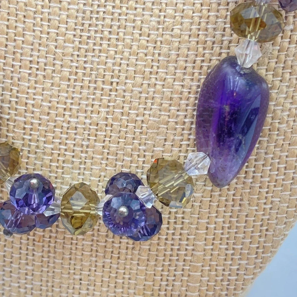Amethyst Purple Stone and Faceted Glass Bead Adjustable Necklace Eclectic Style